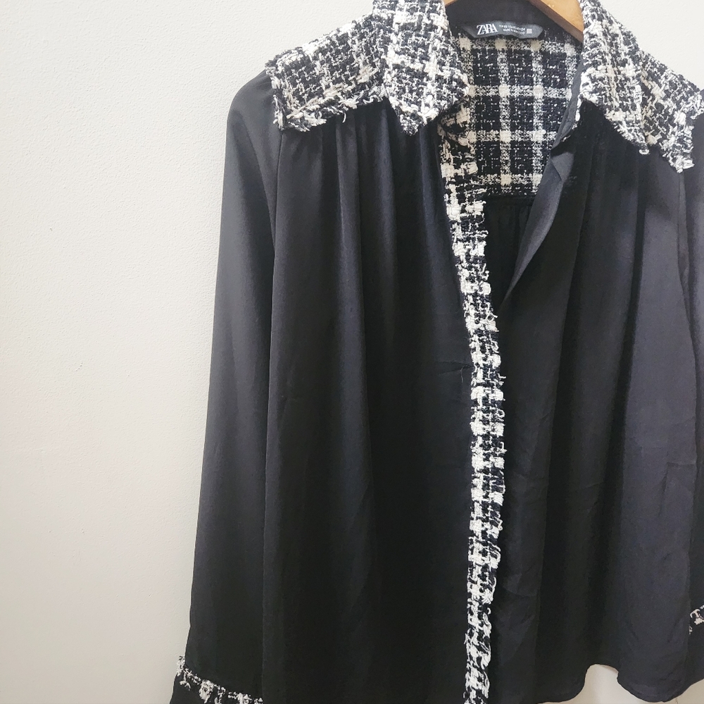 Zara Black Button Up Shirt XS Tweed Trim Sheer Blouse - Picture 3 of 9